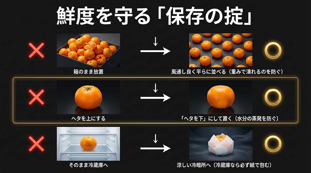 箱から出して並べる、ヘタを下に置く、冷暗所で保管するなど、甘平を長持ちさせる正しい保存方法とやってはいけないNG例