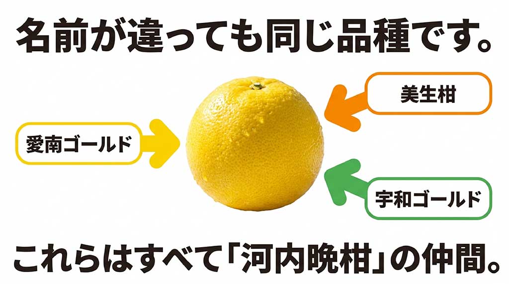 河内晩柑は愛南ゴールド、美生柑、宇和ゴールドなど名前が違ってもすべて同じ品種であることを示す図解