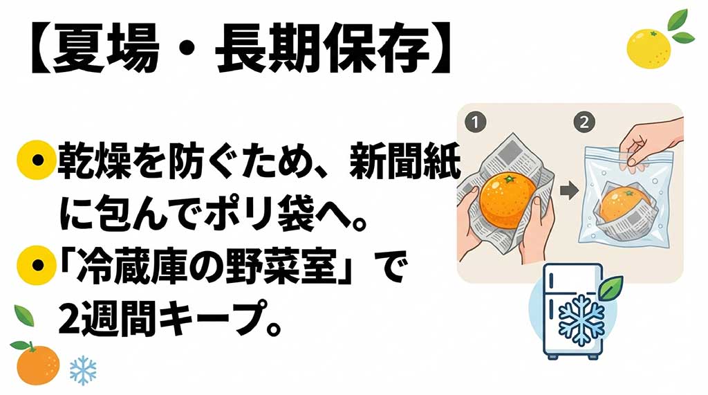 夏場の河内晩柑の長期保存法。乾燥を防ぐため新聞紙に包みポリ袋に入れ、冷蔵庫の野菜室で保管