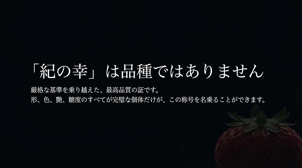 紀の幸はいちごの品種名ではなく、形、色、艶、糖度の厳しい基準をクリアした最高品質の証であることを説明する図解