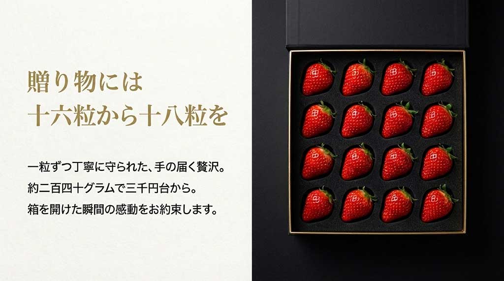 一粒ずつ丁寧に守られた16〜18粒入りのいちごギフトボックスと価格の目安