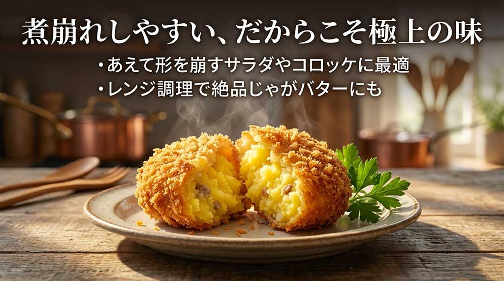 煮崩れしやすい特性を活かしたサラダやコロッケ、レンジ調理のじゃがバターがおすすめであることの解説