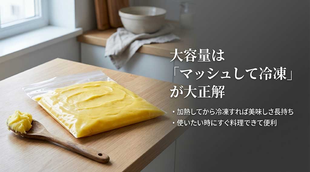 マッシュして加熱してから冷凍することで、美味しさを長持ちさせ時短調理にも活用できるコツ