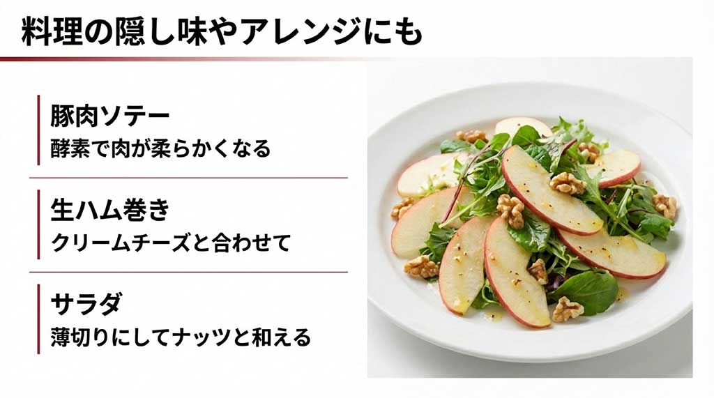 北紅の薄切りが入ったサラダの写真。肉を柔らかくする豚肉ソテーや生ハム巻き、クリームチーズ合わせなどの活用法を提案