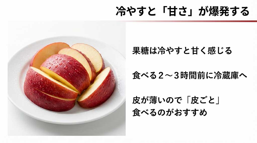 カットされた北紅の写真。食べる2〜3時間前に冷やすことで果糖の甘みが強まること、薄い皮ごと食べるのがおすすめであることを解説
