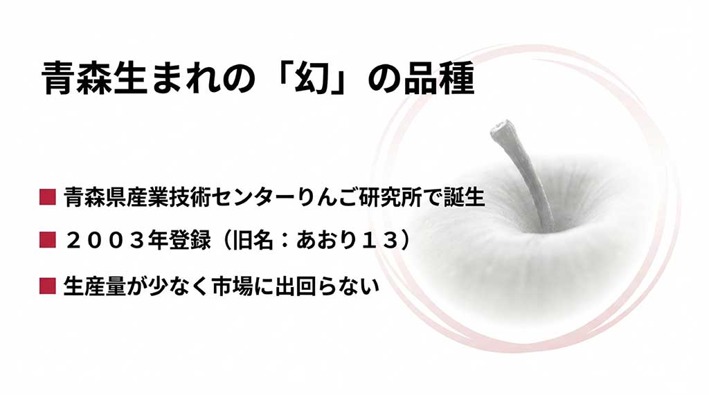 青森県産業技術センターりんご研究所で誕生した北紅の解説。旧名あおり13、2003年登録、生産量が少なく市場に出回らない希少性を説明