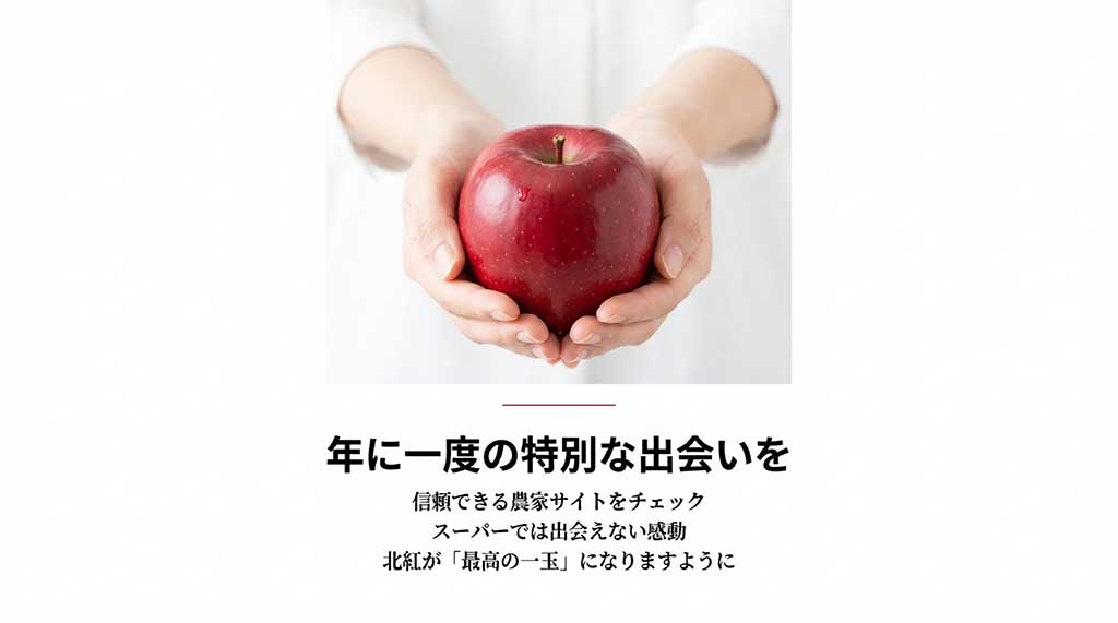 両手で真っ赤な北紅を包み込む写真。スーパーでは出会えない感動と、年に一度の特別な出会いを願うメッセージ