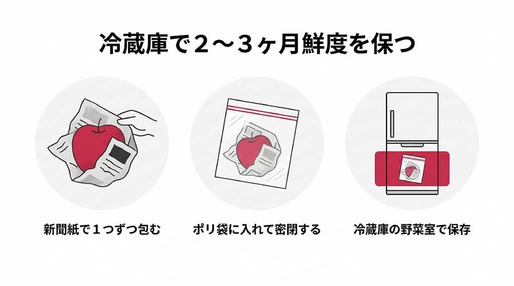 りんごを新聞紙で包み、ポリ袋で密閉して冷蔵庫の野菜室で保存する手順のイラスト。最長2〜3ヶ月鮮度を保てることを説明