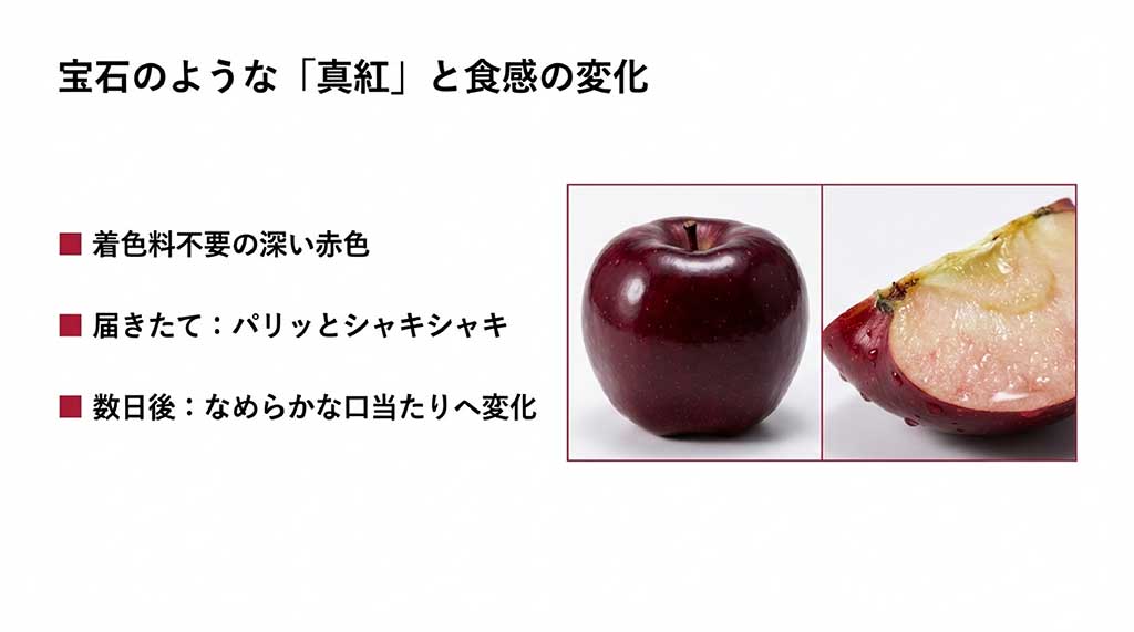 宝石のような真紅の北紅の写真。届きたてのシャキシャキ感から、数日後のなめらかな口当たりへの変化を説明