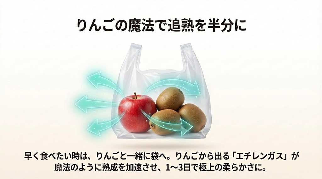 りんごとキウイを同じポリ袋に入れ、エチレンガスで熟成を早める仕組みの図解