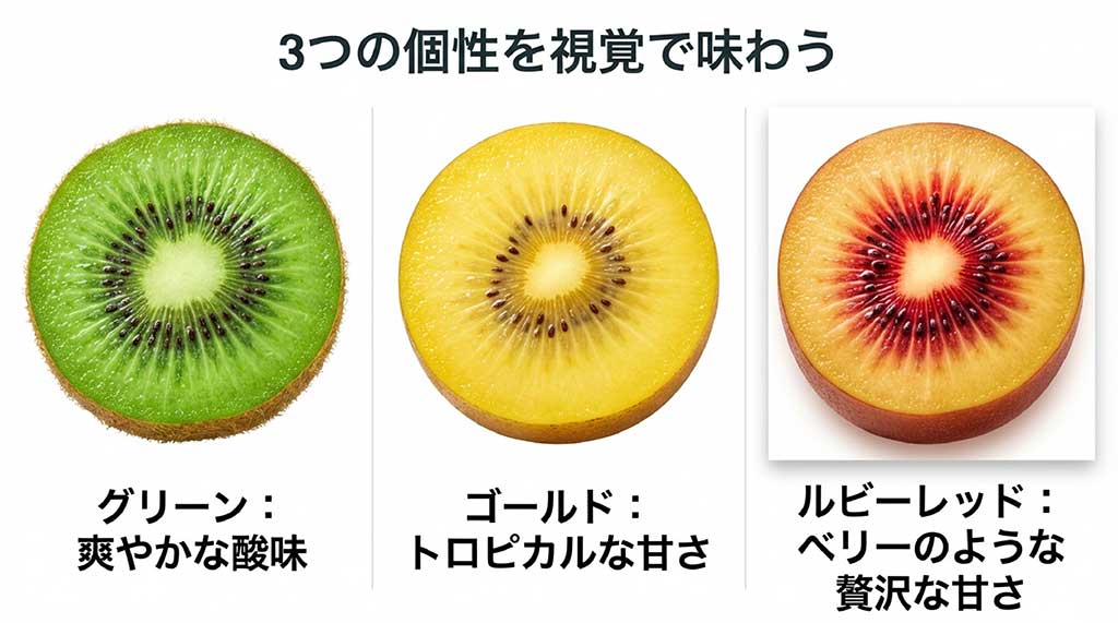 3種類のキウイの断面図と比較。グリーンは爽やかな酸味、ゴールドはトロピカルな甘さ、ルビーレッドはベリーのような贅沢な甘さと説明