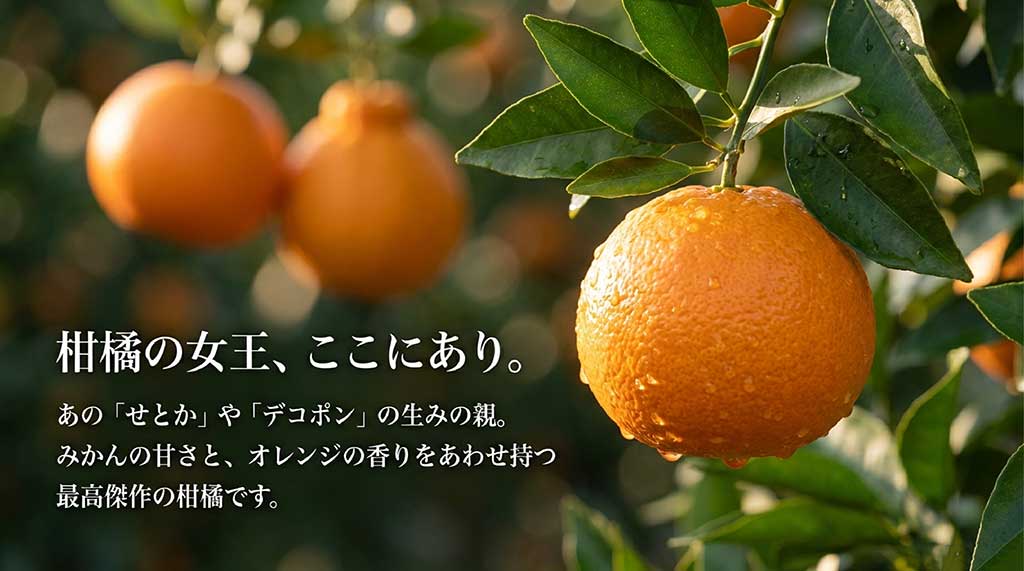 柑橘の女王清見タンゴールがせとかやデコポンの親であることを説明する図解