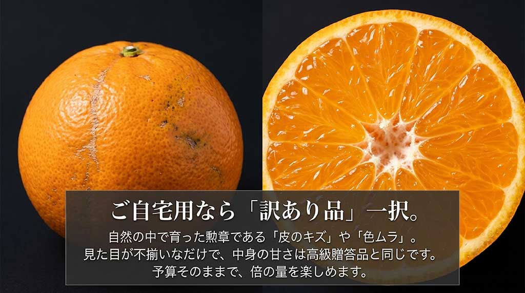 見た目にキズがあっても中身は同じ。訳あり品なら倍の量を楽しめることを説明するスライド