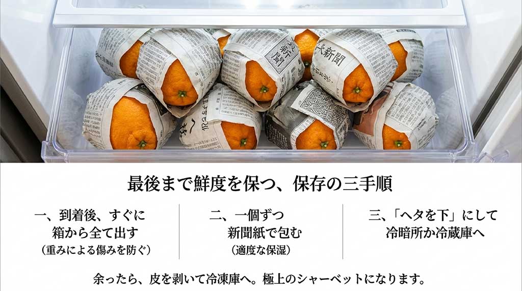 箱から出す、新聞紙で包む、ヘタを下にするという清見タンゴールの正しい保存手順