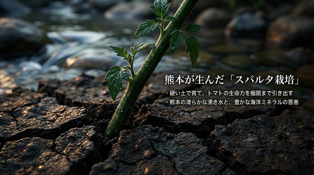 熊本の硬い土で生命力を引き出すスパルタ栽培と、湧き水・海洋ミネラルの恩恵について解説したスライド