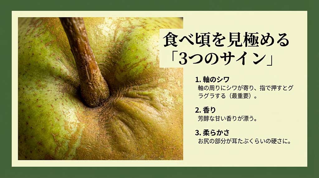 軸のシワ、香り、お尻の柔らかさなどラ・フランスの完熟サインの図解