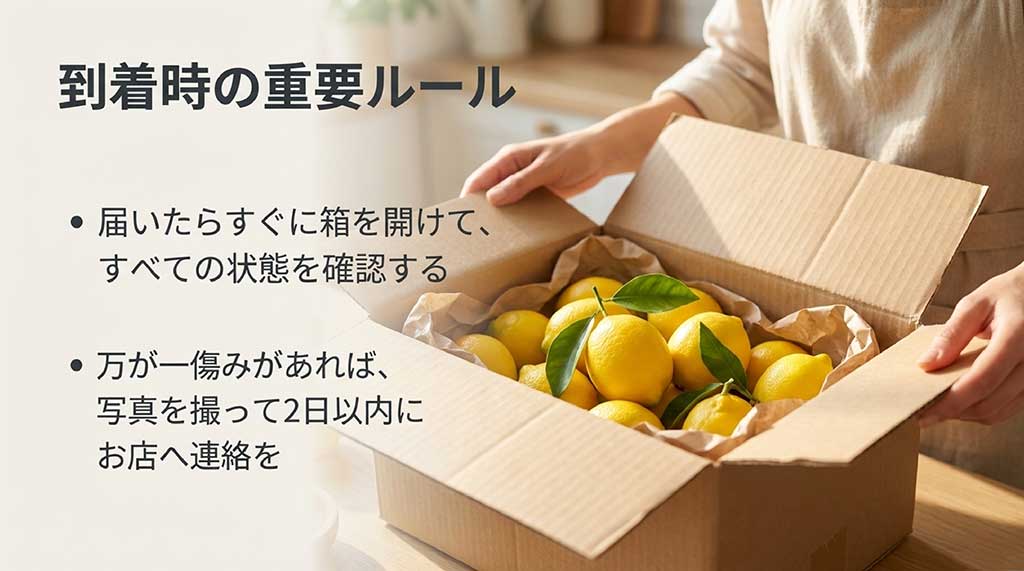 届いたらすぐに箱を開けて状態を確認し、傷みがあれば写真を撮って2日以内に連絡するというルールを記したスライド