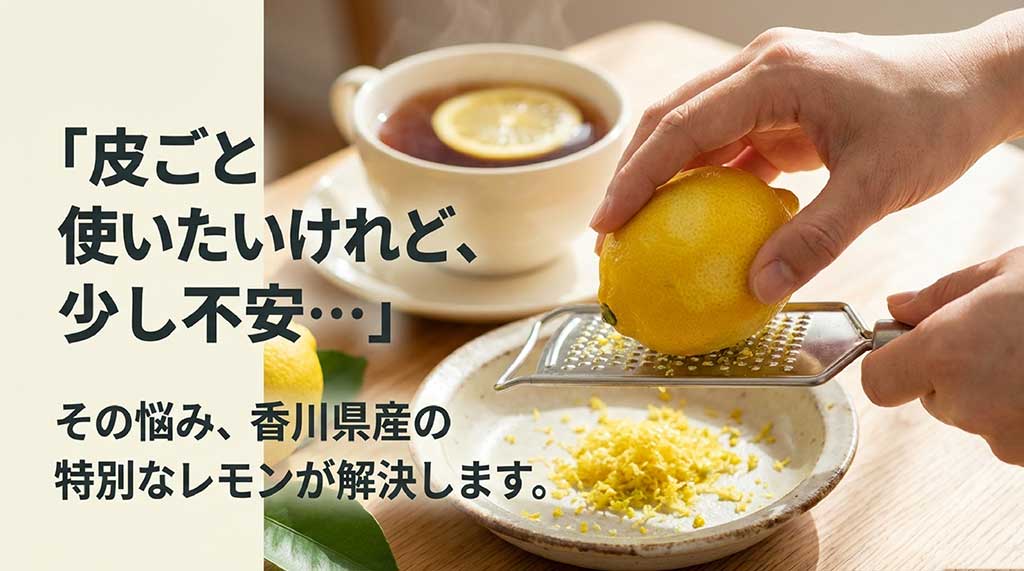 「皮ごと使いたいけれど、少し不安…」という悩みを香川県産の特別なレモンが解決するというメッセージ画像