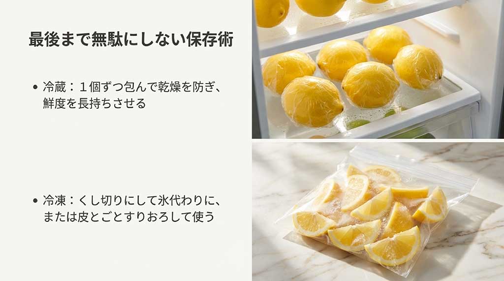 冷蔵では1個ずつ包んで乾燥を防ぎ、冷凍ではくし切りや皮ごとすりおろして使う方法をまとめた保存術スライド