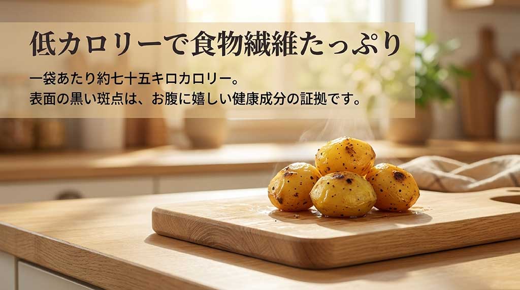 1袋あたり約75キロカロリーで食物繊維が豊富であること、表面の黒い斑点は健康成分ヤラピンの証拠であることを説明するスライド