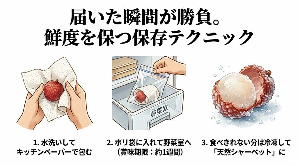 水洗いしてキッチンペーパーで包み、ポリ袋に入れて野菜室で保存する手順のイラスト。冷凍してシャーベットにする方法も紹介