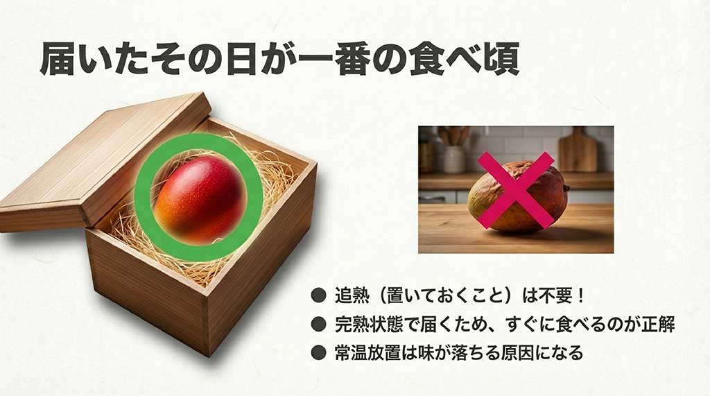 完熟状態で届くため追熟は不要、常温放置は味が落ちる原因になることを示す注意喚起スライド