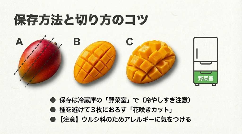 冷蔵庫の野菜室での保存、花咲きカットの手順、ウルシ科アレルギーへの注意点