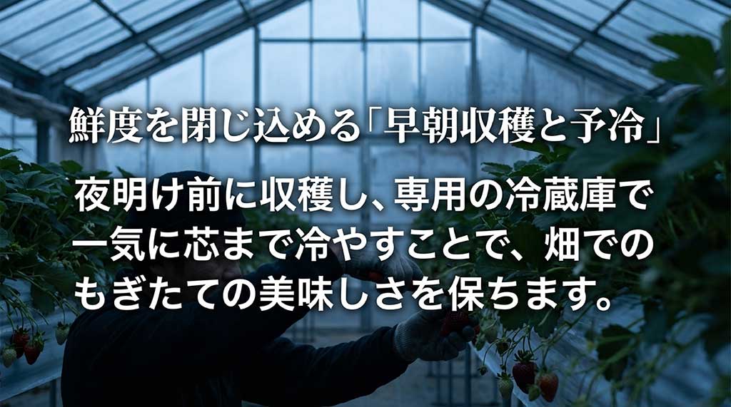 夜明け前の収穫と予冷庫での冷却により、もぎたての美味しさを保つプロセスを解説したスライド