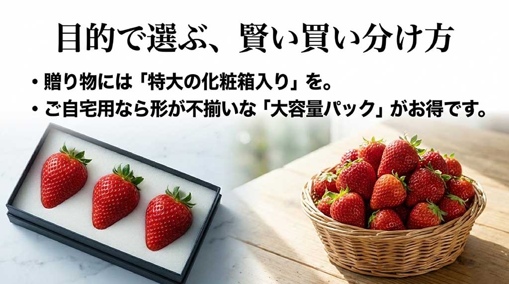 贈り物用の特大化粧箱入りと、自宅用のお得な大容量パックの選び方を提案するスライド