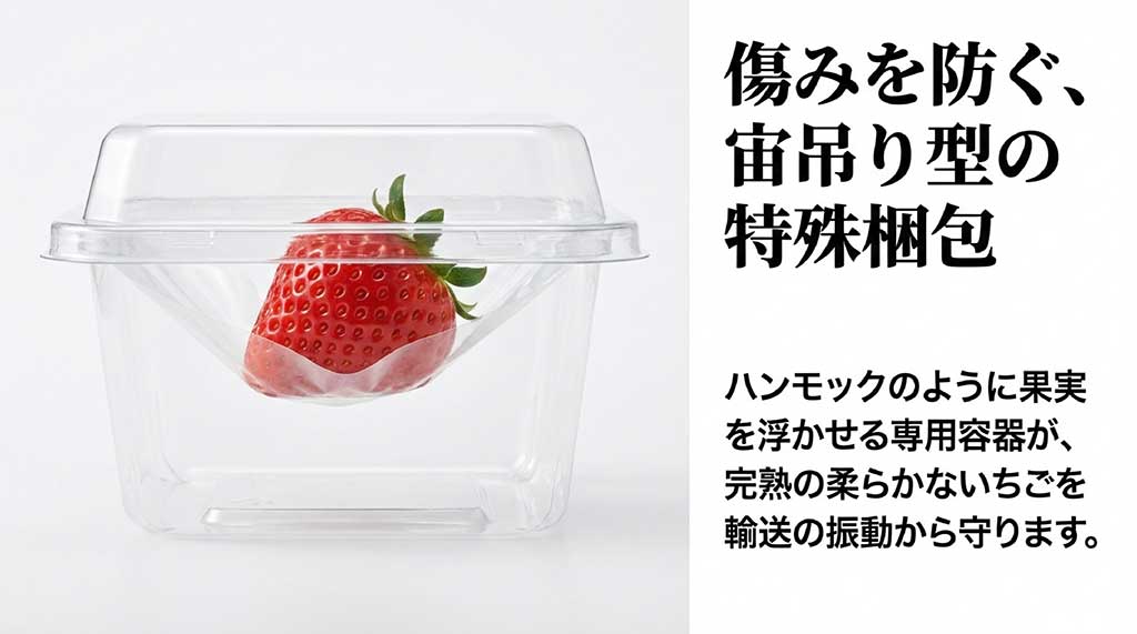 ハンモックのように果実を浮かせて振動から守る特殊容器の仕組みを説明したスライド