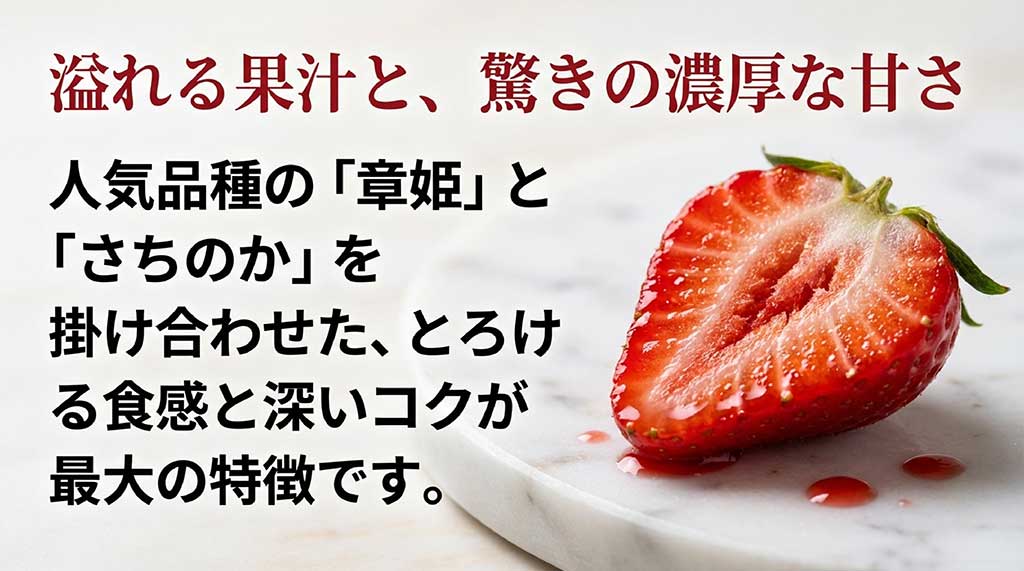 人気品種「章姫」と「さちのか」を掛け合わせたまりひめの濃厚な甘さととろける食感の特徴をまとめたスライド