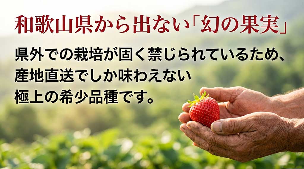 和歌山県外での栽培が固く禁じられている「幻の果実」まりひめの希少性について説明したスライド