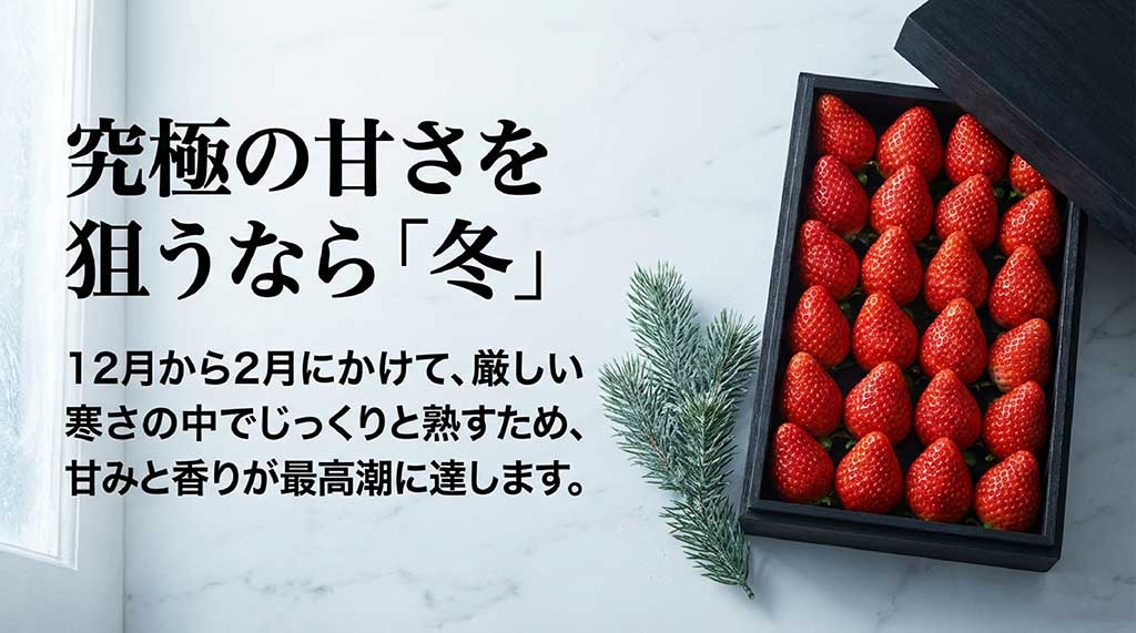 12月から2月の厳しい寒さの中で甘みと香りが最高潮に達するまりひめの旬について解説するスライド