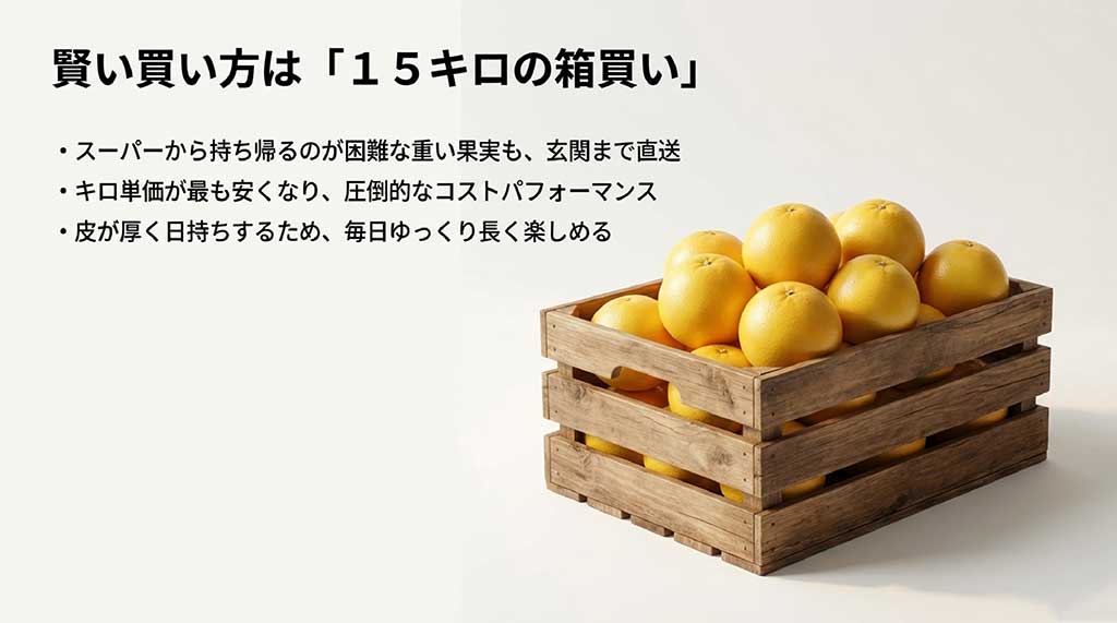 箱買いがコスパ最強で、日持ちも良く、玄関まで直送されるメリットの説明