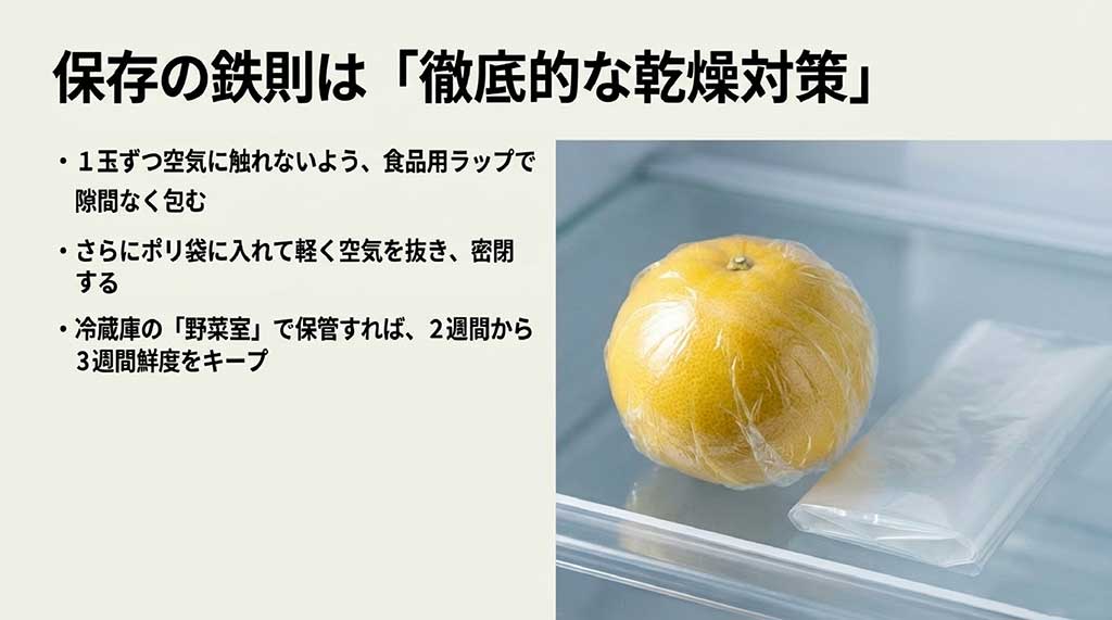 ラップで包みポリ袋に入れて冷蔵庫の野菜室で保存する手順