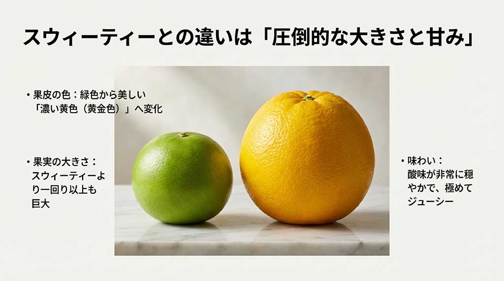 メロゴールドとスウィーティーの大きさ、色、味わいの違いのまとめ