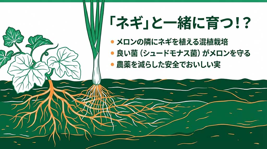 メロンの隣にネギを植え、善玉菌の力で病害を防ぎ農薬を減らす栽培方法の解説図