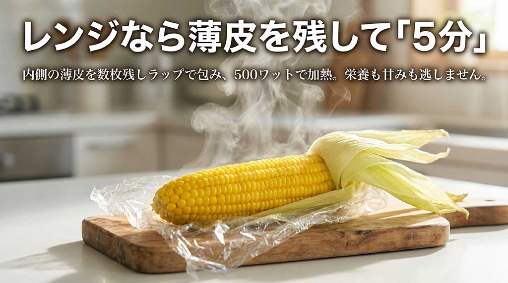 薄皮を残してラップで包み、500Wで5分加熱する電子レンジ調理の手順