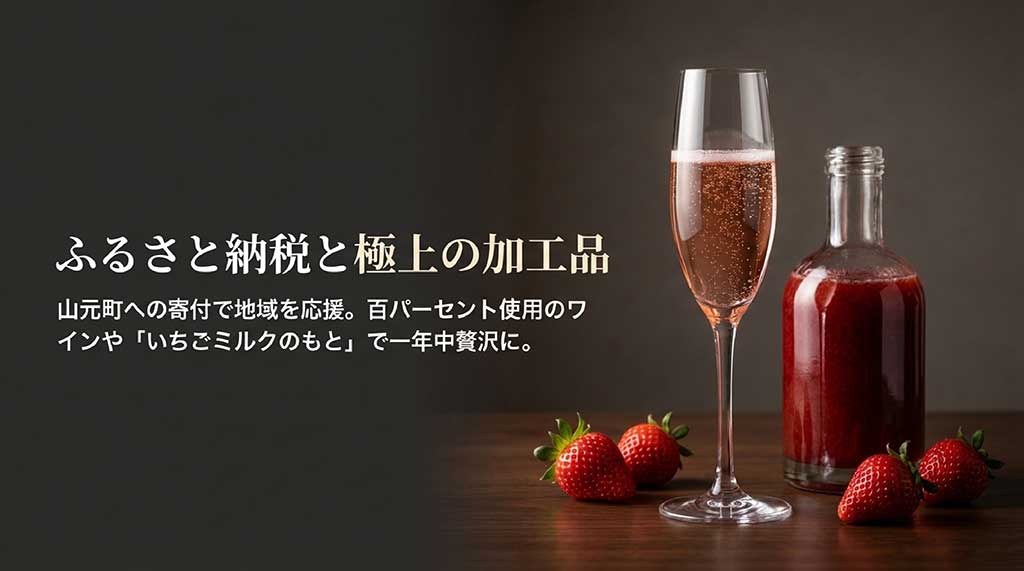 宮城県山元町への寄付案内と、イチゴワインやいちごミルクのもとなど加工品の紹介スライド