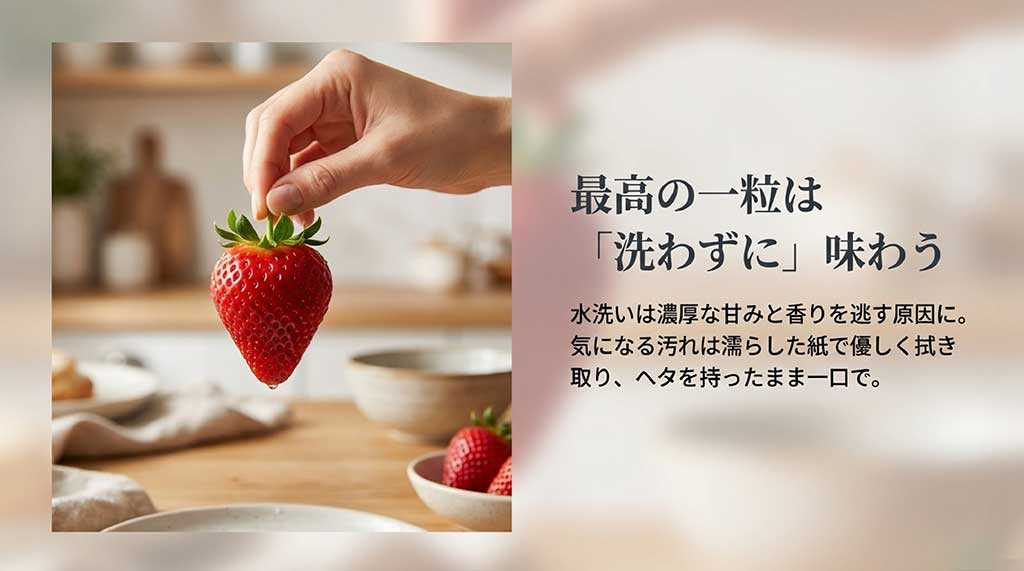 水洗いを避け、ヘタを持ったまま一口で食べるミガキイチゴの美味しい食べ方のイメージ