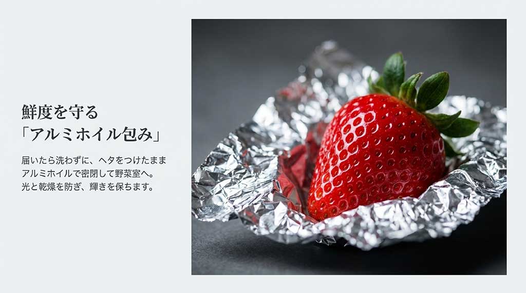 洗わずにヘタをつけたままアルミホイルで密閉し、冷蔵庫の野菜室で保存する手順の解説画像