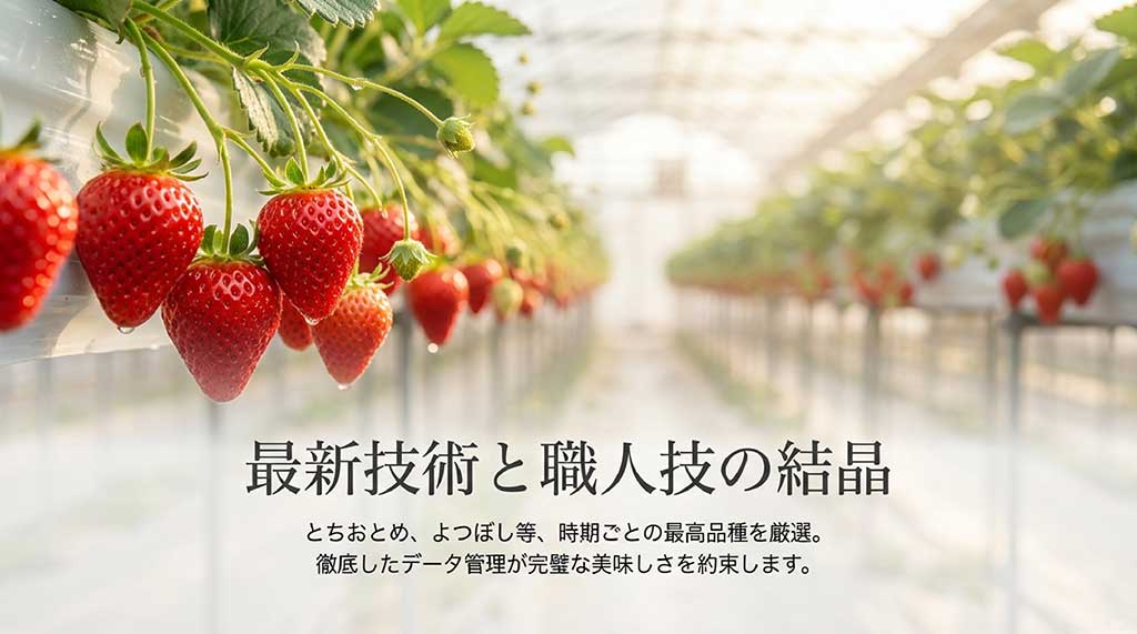 データ管理に基づき、とちおとめやよつぼし等から時期ごとの最高品種を厳選する解説スライド