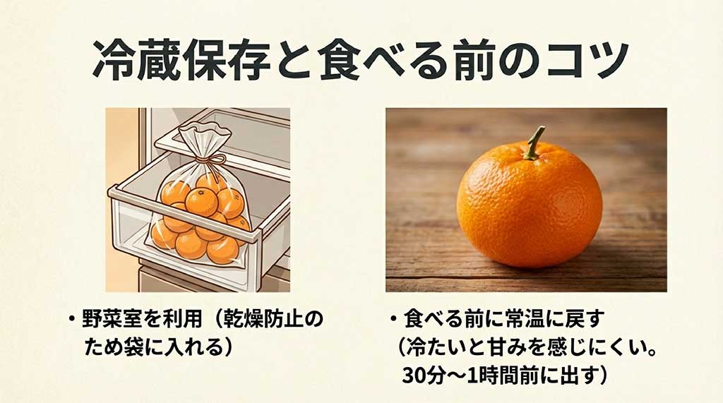 野菜室で袋に入れて保存されるみかんと、食べる前に常温に戻す時間の目安