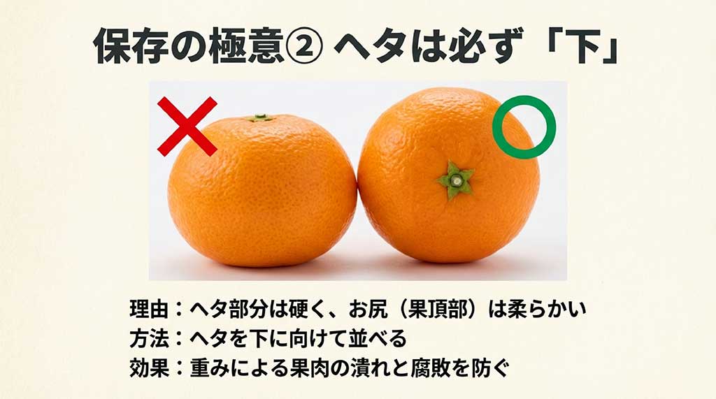 みかんのヘタを下に向けた正しい置き方と、お尻を上にした間違った置き方の比較