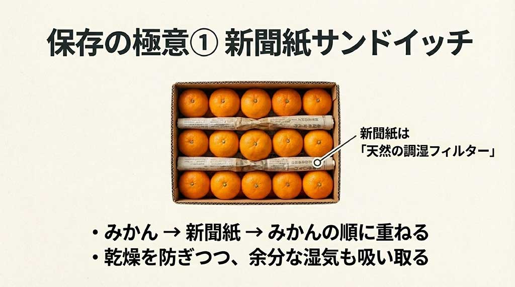 箱の中でみかんと新聞紙を交互に重ねて湿度を調節する保存方法のイメージ