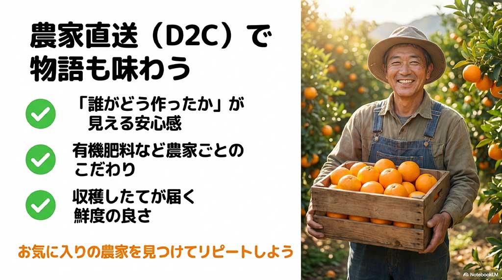 収穫したてのみかんを持つ笑顔の農家。作り手のこだわりや鮮度の良さが伝わる産地直送のイメージ