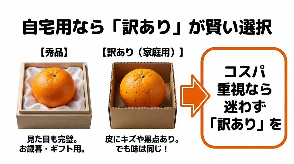 見た目が完璧なギフト用の秀品と、皮にキズはあるが味は同じでコスパの良い家庭用訳あり品の比較画像