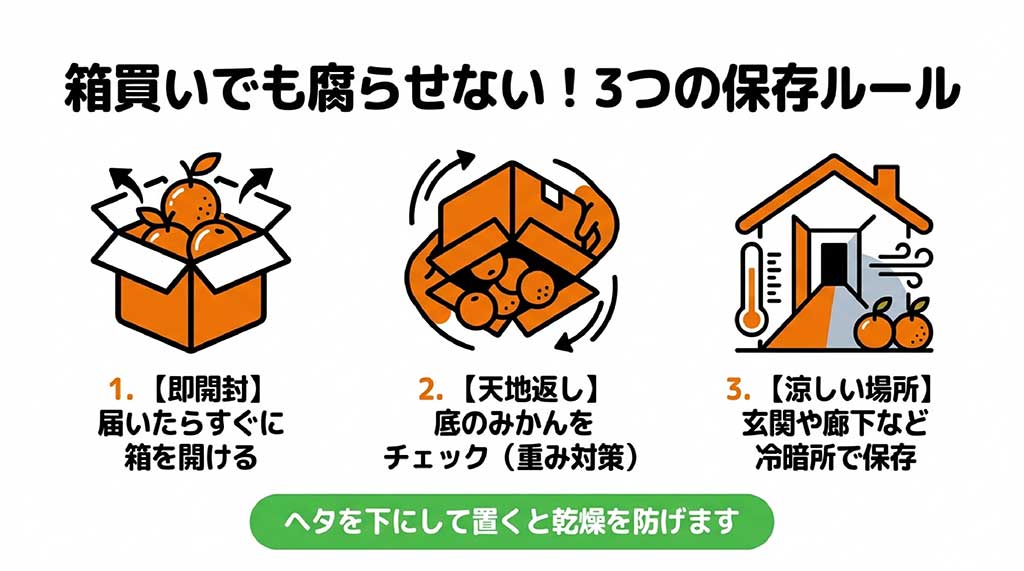 届いたら即開封し、底のみかんを確認する「天地返し」を行い、涼しい場所でヘタを下にして保管する方法の図解