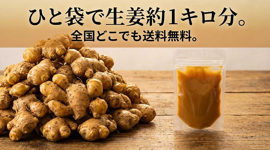 一袋に生姜約1kg分が凝縮されており、全国どこでも送料無料で購入できるお得な条件