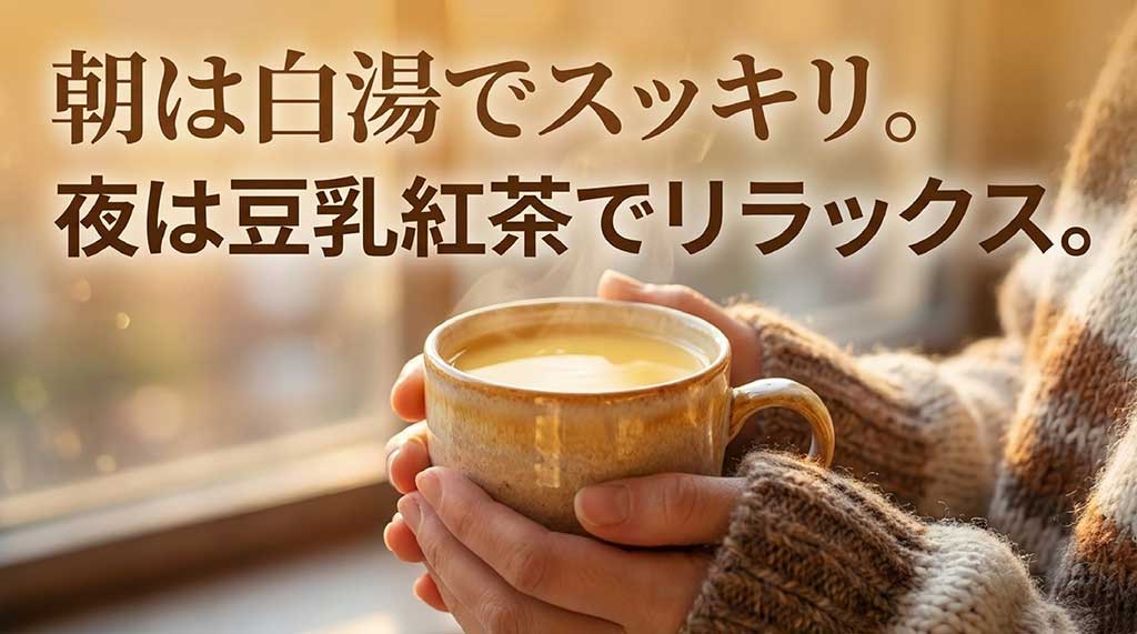 朝は白湯でスッキリ、夜は豆乳紅茶でリラックスする「みらいのしょうが」の飲み方提案